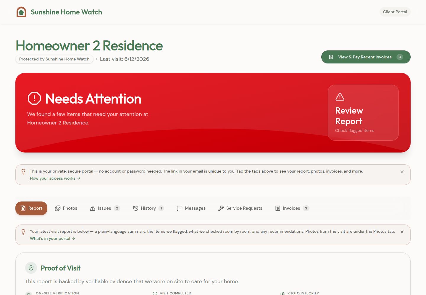 The NestWatch homeowner portal showing an issue that needs attention and separate tabs for issues, messages, service requests, and invoices