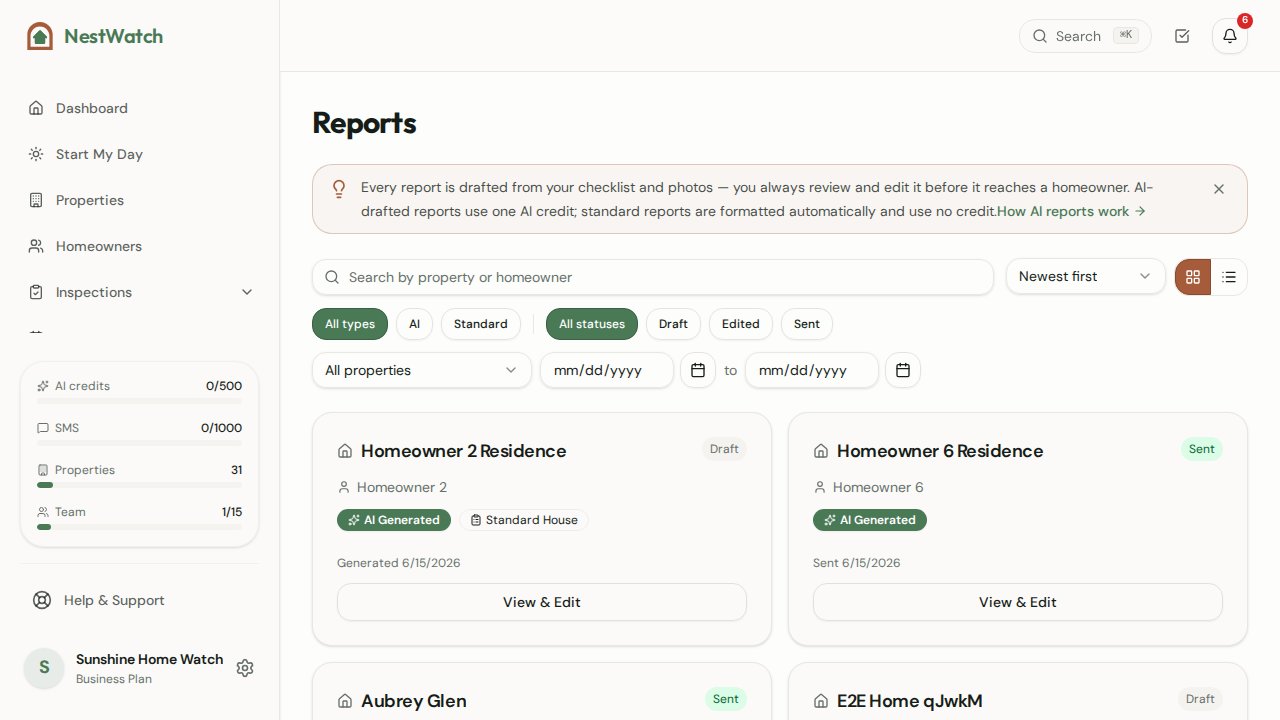 NestWatch reports screen showing AI-drafted home watch reports ready to review and send